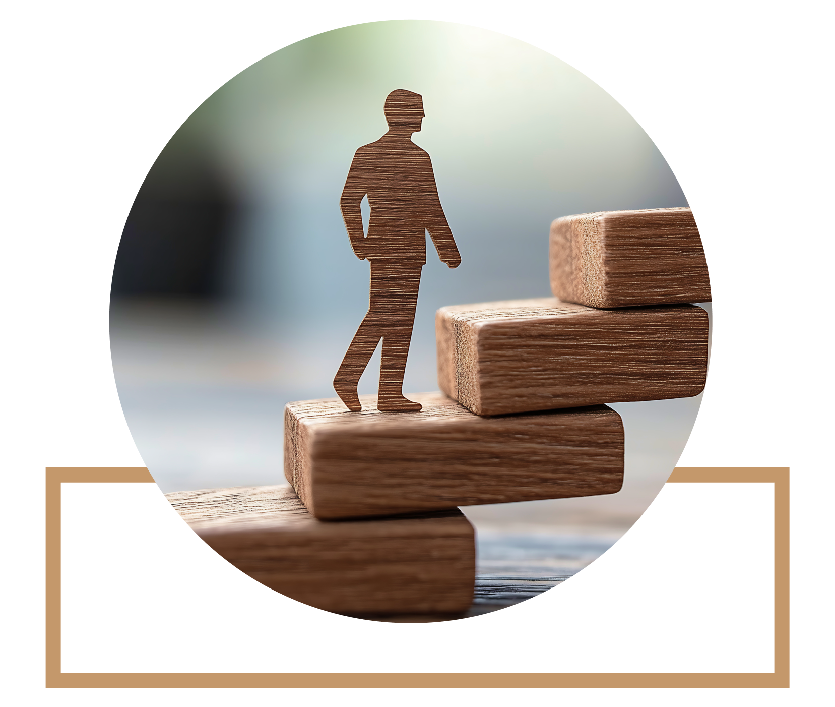 Un petit homme en bois montant des blocs de bois représentant des marches d'escalier